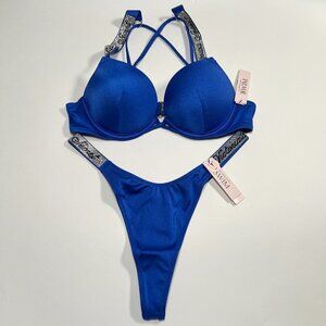 Victoria Secret 34C M Bombshell Push Up Bikini Top Set Thong LOGO Shine Strap